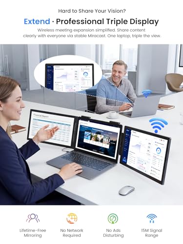 UPERFECT Laptop Screen Extender, 14'' Wireless Triple Portable Monitor, Ultra-Slim Dual Travel Monitor 125% sRGB One Cable Plug -Play Extender Monitor for MacOS/Win/Android, Fits 13.3-17.3" Laptops - size: 14"