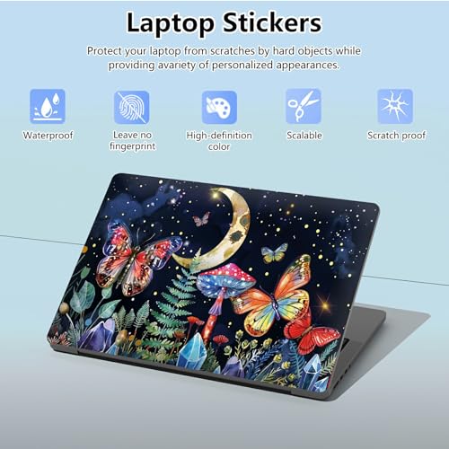 Universal Laptop Skin Sticker with 2 Wrist Pad Skins, Waterproof Scratch Resistant Vinyl Laptop Cover Decal, Cut to Fit for 11–15.6 Inch MacBook HP Dell Lenovo, Floral Butterfly Moon Mushroom - color: Floral Butterfly Moon Mushroom