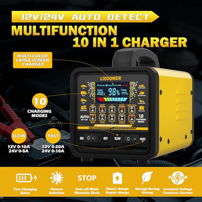 Upgraded 12V/24V 0-20A Car Battery Charger Heavy Duty, Smart Trickle Charger Maintainer with Auto Shutoff, Repair & Winter Mode, 10 Modes & Color Screen for Car, Truck, Motorcycle, Boat, Lawn Mower