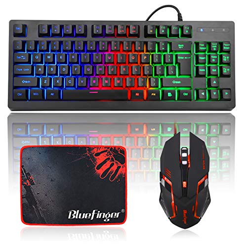 RGB 87 Keys Gaming Keyboard and Backlit Mouse Combo,BlueFinger USB Wired Rainbow Keyboard,Gaming Keyboard Set for Laptop PC Computer Game and Work - color: Black 01