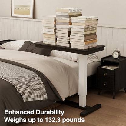 Solid Wood Overbed Bedside Table with Wheels,Tilt Top Hospital Bed Table Adjustable Over the Bed,Rolling Bed Desk for Hospital and Home Use (Black) - color: Black