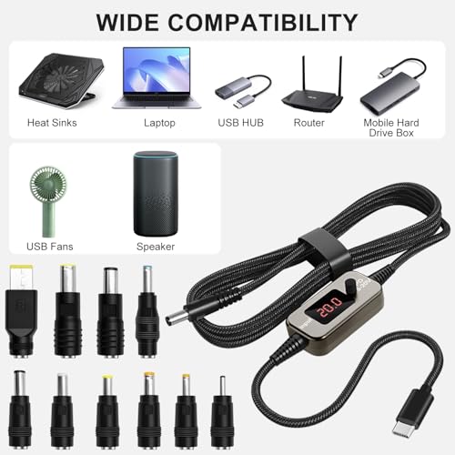 1m USB C to DC 5.5x2.1mm Adapter Universal Charger Supply 100W PD Trigger Power Converter Cable 5V/9V/12V/15V/20V Adjustable Voltage with LED Display,10 Power Plug Kit,for Laptops,Tablets
