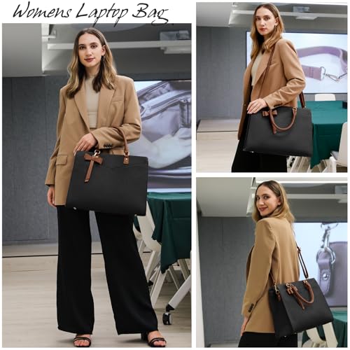 RAINSMORE Laptop Bag for Women 15.6 Inch PU Leather Laptop Tote Bag Professional Business Office Briefcase Waterproof Work Bag Computer Tote Bag Large Lightweight Handbag Shoulder Bag - color: Black and Dark Brown