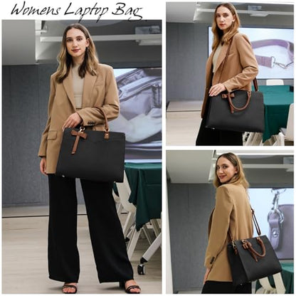 RAINSMORE Laptop Bag for Women 15.6 Inch PU Leather Laptop Tote Bag Professional Business Office Briefcase Waterproof Work Bag Computer Tote Bag Large Lightweight Handbag Shoulder Bag - color: Black and Dark Brown