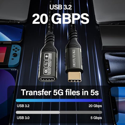 USB-C Extension Cable 16.5ft/5M, Male to Female Extender, Braided Data Cord, 100W PD Fast Charging, 20 Gbps - size: 16.5 ft