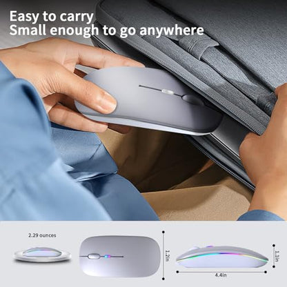KANMABPC Wireless Bluetooth Mouse – Rechargeable, Silent, Dual Mode (Bluetooth 5.2 & USB) with LED Lights – Portable for Laptop, Desktop, & Tablet(Silver) - color: Silver
