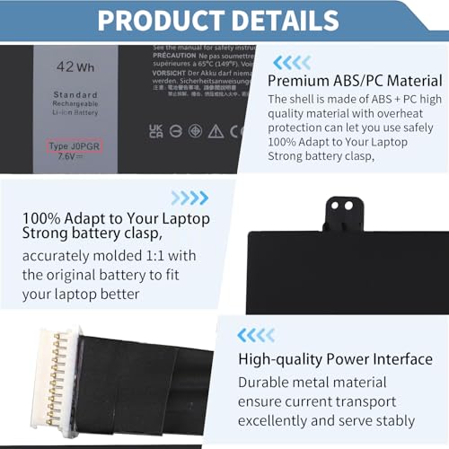 42Wh 7.6V J0PGR Laptop Battery Replacement for Dell Latitude 12 5290 5285 2-in-1 Series Dell Latitude T17G T17G001 T17G002 Series 0J0PGR FTH6F 0FTH6F 0RDYCT RDYCT 1WND8 X16TW 0X16TW FTG78 5250mAh - size: 7 x 2.5 x 0.2 inches J0PGR BATTERY