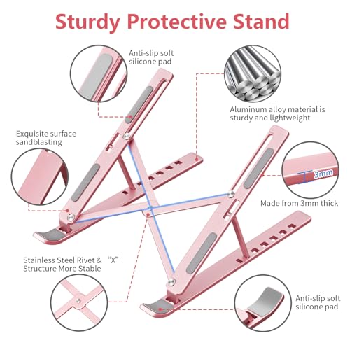 Laptop Stand for Desk, Aluminum Metal MacBook Stand，Computer Riser for Desk, Portable Foldable Adjustable Notebook Holder, Compatible with 10-15.6 Inch Laptops, iPad, Rose Gold. - color: Rose Gold