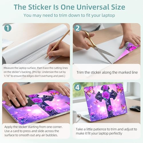 Universal Laptop Skin Decal, 3-Piece Vinyl Protector for 12 13 14 15.6" Notebook, Waterproof Anti-Scratch, Easy Trim & Bubble-Free Finish, Cross with Purple Rose - color: Cross with Purple Rose