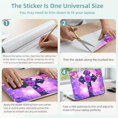 Universal Laptop Skin Decal, 3-Piece Vinyl Protector for 12 13 14 15.6" Notebook, Waterproof Anti-Scratch, Easy Trim & Bubble-Free Finish, Cross with Purple Rose - color: Cross with Purple Rose