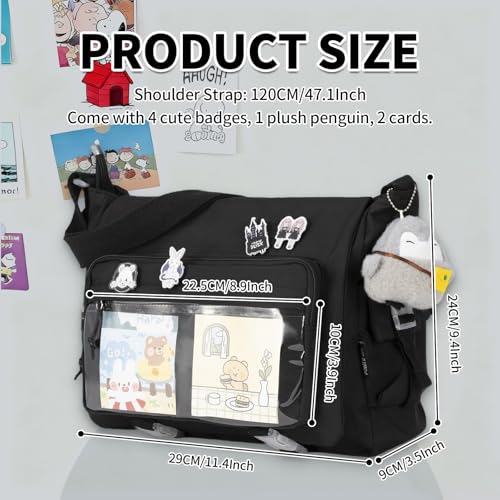Kawaii Crossbody Ita Bag for Women with Pin and Plush Penguin, Cute Messenger Bag Japanese Crossbody Bag Y2K Purse - color: Black, size: Medium-Compact