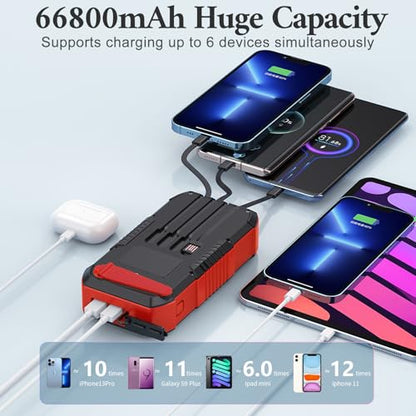 Solar Power Bank 66800mAh Built in Hand Crank and 4 Cables 22.5W Fast Charge,Camping Essentials/SOS/Strobe/Strong Flashlights,Compass Solar Portable Charger Power Bank (Red) - color: red