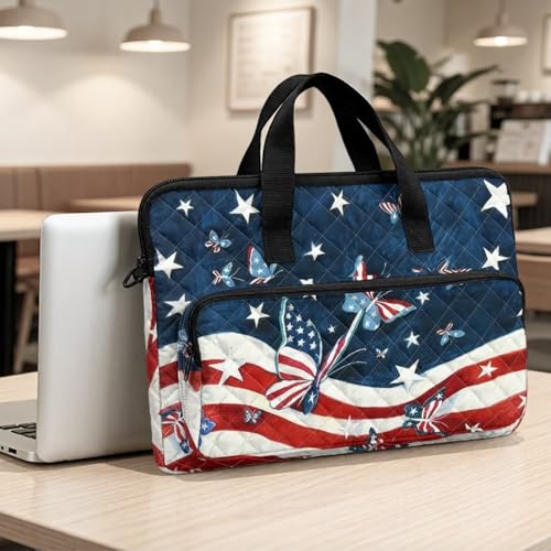 Laptop Sleeve, Laptop Cover with Adjustable Strap Computer Bag Tablet Notebook Sleeves Handbag Messenger Briefcase - color: Butterfly American Flag