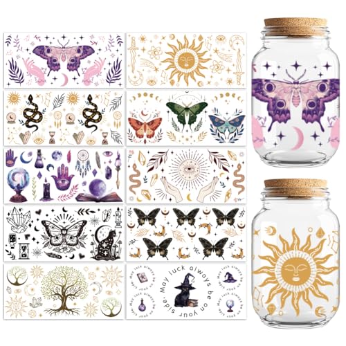 Peacoblue UV DTF Cup Wraps Transfer Stickers Bohemian Divination Pattern, 10 Sheets Waterproof Custom Vinyl Transfer Sticker 16oz Coffee Glass Cup Tumbler Bottle Mug Decals for Men Women - style: Bohemian Divination