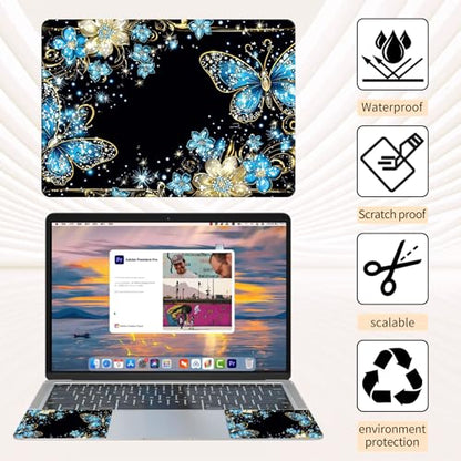 15.6 Inch Laptop Skin Sticker, Reusable Vinyl Cover Protector with 2 Wrist Pad Skins, Removable Waterproof Scratch-Resistant for 12-15.6 Inch Laptop Notebook,Blue and White Butterfly - color: Blue And White Butterfly