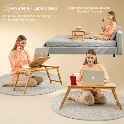 Laptop Desk Nnewvante Bamboo Lap Desk, Adjustable Bed Tray, Large Size | 7 Tilting Top Angles, 4 Heights, Drawer & Phone Slot, Foldable Serving Tray Breakfast Table 27.95" x 13.8" - color: Bamboo