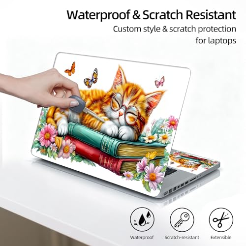 Universal Laptop Skin Sticker Decal, 12"-15.6" Aesthetic Vinyl Wrap, Sleeping Cat with Glasses Waterproof Notebook Cover Art Protector for MacBook HP Dell Lenovo, Fits 13" 14" 15" 15.6" - color: Sleeping Cat with Glasses
