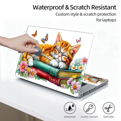 Universal Laptop Skin Sticker Decal, 12"-15.6" Aesthetic Vinyl Wrap, Sleeping Cat with Glasses Waterproof Notebook Cover Art Protector for MacBook HP Dell Lenovo, Fits 13" 14" 15" 15.6" - color: Sleeping Cat with Glasses