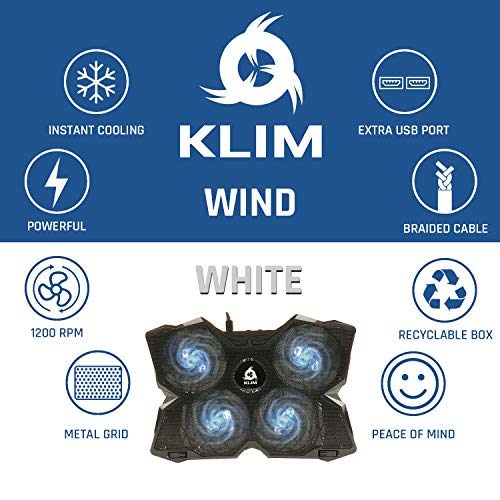 KLIM Wind Laptop Cooling Pad - More Than 500 000 Units Sold - New Version - The Most Powerful Rapid Action Cooling Fan - Laptop Stand with 4 Cooling Fans at 1200 RPM - USB Fan - PS5 PS4 - White - color: White