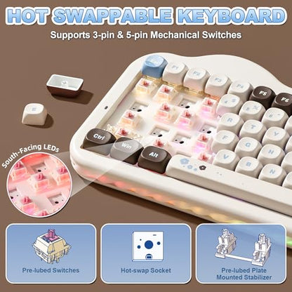 YUNZII C75 Cute 75% Wireless Mechanical Keyboard (Choco, Candy Switch) | Creamy Cake Keyboard, BT5.0/2.4G/USB-C, Hot-Swap, NKRO, PBT MOA Keycaps,5500mAh RGB Gasket Mount for Mac/Win/Gaming/Office - color: Choco, size: Candy Switch