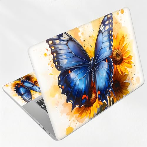Blue Butterfly on Sunflowers Universal Laptop Skin Sticker 3PCS,Protective Decal Trim-to-Fit 11.6" 13.3" 14" 15.6" Laptop Vinyl Cover,Removable Anti-Scratch Computer Decal Protector - color: Blue Butterfly on Sunflowers