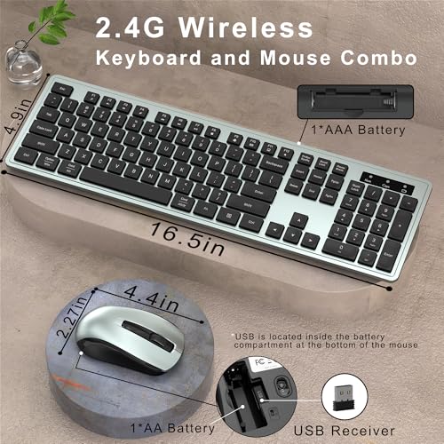 MPTOG Wireless Keyboard and Mouse Combo, Full-Size 104-Key Office Keyboard with 15 Function Keys, Numeric Keypad, Single USB Receiver, Compatible with PC and Laptop(Gray) - color: Gray