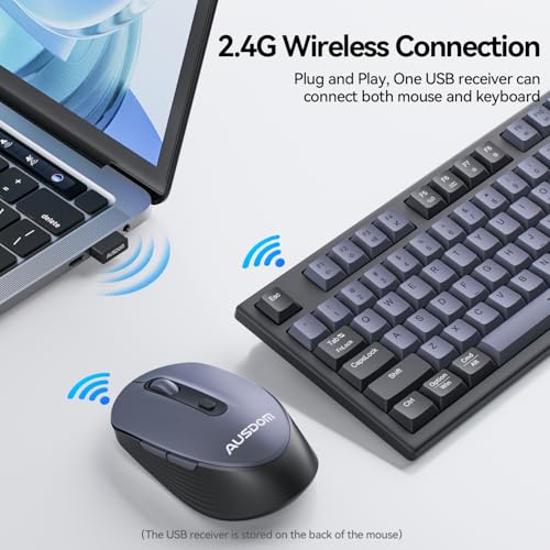 AUSDOM Wireless Keyboard and Mouse Combo - 108 Keys Mechanical Feel, 2.4G Full-Sized Rechargeable Silent Keyboard & 3 DPI Adjustable Mouse, Numeric Keypad, USB Receiver for PC/Laptop/Windows/Mac