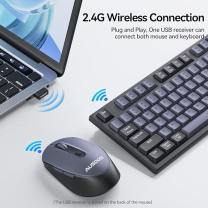 AUSDOM Wireless Keyboard and Mouse Combo - 108 Keys Mechanical Feel, 2.4G Full-Sized Rechargeable Silent Keyboard & 3 DPI Adjustable Mouse, Numeric Keypad, USB Receiver for PC/Laptop/Windows/Mac