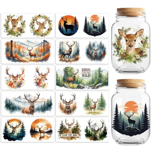 Peacoblue UV DTF Cup Wraps Transfer Stickers Forest Deer Pattern, 10 Sheets Waterproof Custom Vinyl Transfer Sticker 16oz Coffee Glass Cup Tumbler Bottle Mug Decals for Men Women - style: Forest Deer