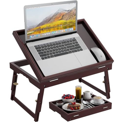 Bamboo Adjustable & Foldable Bed Tray Table with Ergonomic Handle, 17x12in Breakfast Tray for Eating, Laptop Desk, Sofa Snacking, Non-Slip Surface (Mahogany) - color: Jujube Red — 1 Pack, size: 17 x 12.2 x 2.4 in (1 Pack)