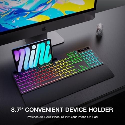 Soueto Wireless Keyboard with 7 Colors & 4 Modes RGB Backlit, Ergonomic Keyboard with Wrist Rest, Phone Tablet Holder, 2.4G Light Up Computer Keyboard with Numeric Keypad for Mac, Windows
