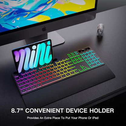Soueto Wireless Keyboard with 7 Colors & 4 Modes RGB Backlit, Ergonomic Keyboard with Wrist Rest, Phone Tablet Holder, 2.4G Light Up Computer Keyboard with Numeric Keypad for Mac, Windows