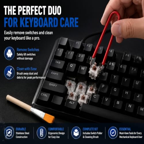 Mechanical Keyboard Switch Puller - 304 Stainless Steel Switch Remover Tool with Anti-Static Cleaning Brush for Hot Swap Gaming Keyboard Modding, Ergonomic PCB-Safe Design
