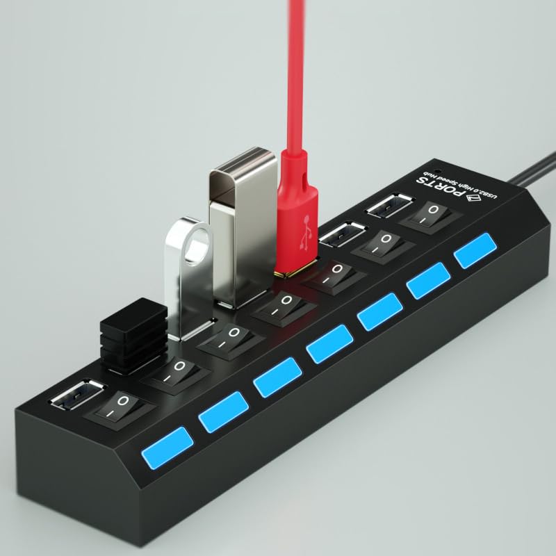7-Port USB 3.0 Hub Splitter, Individual On/Off Switches with Lights | Independent Switches & LED Indicators for Flash Drives or Mobile HDD, Sturdy Desktop Design for Office Setup