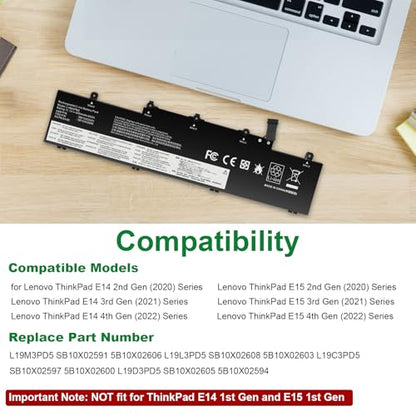 L19M3PD5 L19C3PD5 L19L3PD5 Laptop Battery Compatible with Lenovo Thinkpad E14 Gen 2 20T6 20TA/ E14 Gen 3 20Y7 20YD 20YE/ E15 Gen 2 20T8 20TD,SB10X02597 5B10X02600 L19D3PD5 L20C3PD4 L20D3PD4 L20L3PD4 - size: 11.5*2.91*0.24inch L19M3PD5