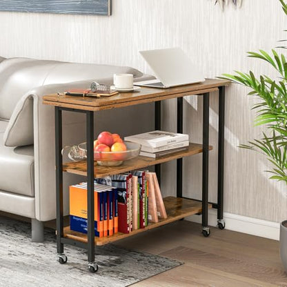 Giantex 360° Free Rotating Sofa Side Table, Mobile L-Shaped Laptop Desk with Sturdy Metal Frame, 6 Universal Casters, Movable Couch Snack Table with 2-Tier Storage Shelf for Home (Brown) - color: Brown