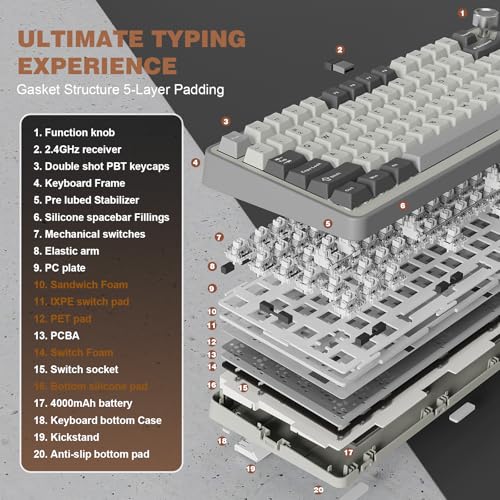 YUNZII B75 PRO Wireless Mechanical Gaming Keyboard | Custom 75% Layout with Knob,Gasket Mount,Hot Swap,Creamy Pre-lubed Switch,BT/USB-C/2.4G(Milk Switch,Grey) - color: Grey, size: Milk Switch