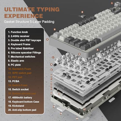 YUNZII B75 PRO Wireless Mechanical Gaming Keyboard | Custom 75% Layout with Knob,Gasket Mount,Hot Swap,Creamy Pre-lubed Switch,BT/USB-C/2.4G(Milk Switch,Grey) - color: Grey, size: Milk Switch