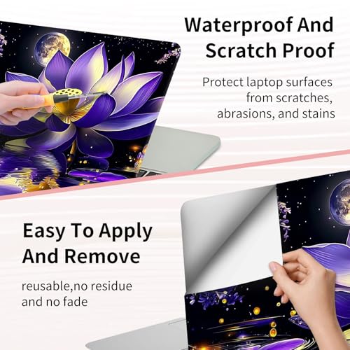 15.6 Inch Laptop Skin Sticker, Reusable Vinyl Cover Protector with 2 Wrist Pad Skins, Removable Waterproof Scratch-Resistant for 12-15.6 Inch Laptop Notebook,Purple Lotus Flower Blooms - color: Purple Lotus Flower Blooms
