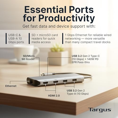 Targus Dual Video Mobile Dock with 140W EPR Power Pass-Through, Dual HDMI 4K@60Hz, USB-C & USB-A 10Gbps, SD/microSD Reader, Gigabit Ethernet, EcoSmart Design DOCK403GL