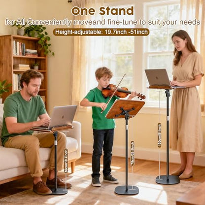 2 in 1 Dual-use Music Stand & Desktop Book Stand, Adjustable Height 16.5"-51", 100% Solid Wood Laptop Floor Stand Book Holder with Elastic Page Clips for Cookbooks (Black Walnut) - color: Black Walnut