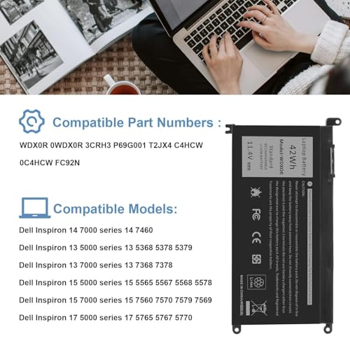 WDX0R Laptop Battery for dell Inspiron 15 7579 7569 5578 5565 5567 5568 5570 5775 5579 7560 7570 13 5378 5368 7375 7368 7378 17 5765 5767 5770 Series P69G001 P58F P58F001 P75F P66F P69G 3CRH3 - size: WDX0R 10.47 × 6.61 × 0.83 in