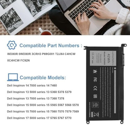 WDX0R Laptop Battery for dell Inspiron 15 7579 7569 5578 5565 5567 5568 5570 5775 5579 7560 7570 13 5378 5368 7375 7368 7378 17 5765 5767 5770 Series P69G001 P58F P58F001 P75F P66F P69G 3CRH3 - size: WDX0R 10.47 × 6.61 × 0.83 in