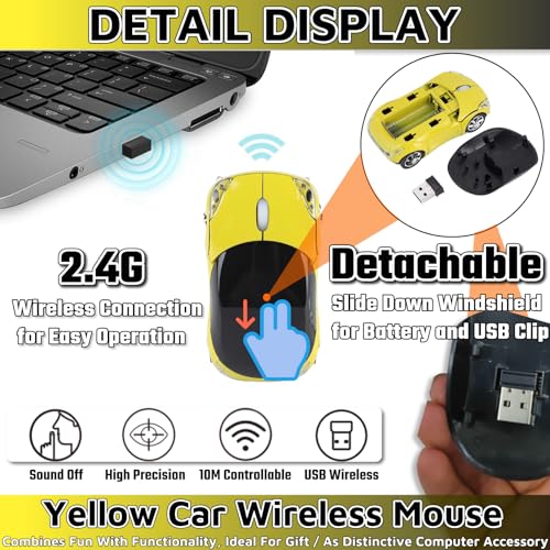 Yellow Wireless Mouse，Car Mouse 1600DPI 2.4G with USB Reciver for Computer Wireless Computer Mouse Wireless Cute Wireless Mouse for Mac OS Windows for Laptop Tablet（Yellow） - color: YELLOW