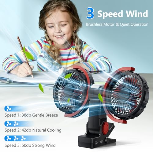 Dual Head Clip on Fan Battery Powered with Light,Portable USB Rechargeable Powerful Desk Table Fans,360°Rotation Cooling Clamp Fans for Car,Golf Cart,Treadmill,Kitchen,Outdoor Travel Camping(Black) - color: Black