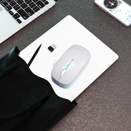 AIKOKOK Wireless Bluetooth Mouse, Rechargeable, Dual Mode Bluetooth 5.2 & 2.4G USB, LED Lights, Slim, Silent, Portable Computer Mouse for Laptop, PC, MacBook, iPad, Tablet (Silver) - color: Silver
