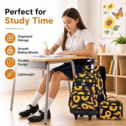 3Pcs Rolling Backpack for Girls, 19 Women Inche Roller Bag with Wheels, Sunflower Wheeled Bookbag Set for Adults(Yellow) - color: Sunflower