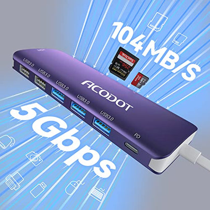 USB C Hub, 9-in-1 Multi-Port USB Adapter, 4K@60Hz HDMI, 100W Max PD, 3 USB3.0(5Gbps) + 2 USB2.0 Data Ports, SD/TF Card Reader for MacBook, iPad Pro, Dell, HP, Lenovo, Windows Laptop, Purple - color: Purple