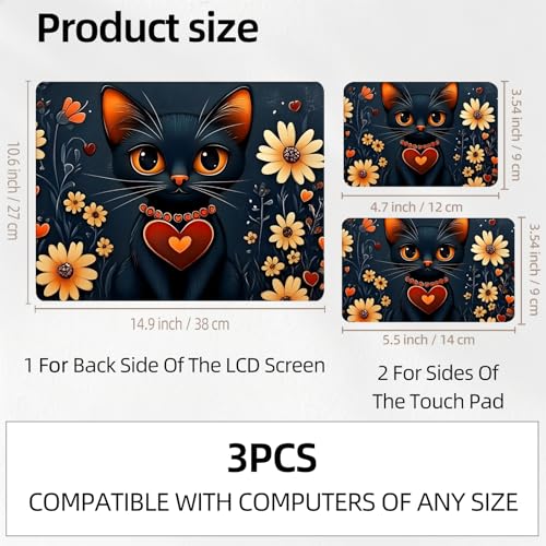 Black Cat with Heart Collar Floral Universal Laptop Skin Sticker 3PCS,Protective Decal Trim-to-Fit 11.6" 13.3" 14" 15.6" Laptop Vinyl Cover,Removable Anti-Scratch Computer Decal Protector - color: Black Cat with Heart Collar Floral