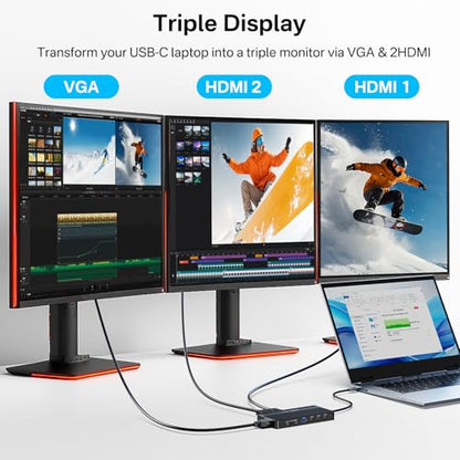 USB C Docking Station Dual HDMI Monitor, Laptop Docking Station 3 Monitors, 2 * 4K HDMI+1080p VGA+100W PD+Ethernet+3 USBC 10Gbps+SD/TF+Audio Adapter, USB C Hub for Dell/Lenovo/HP/ThinkPad(Black) - color: Black